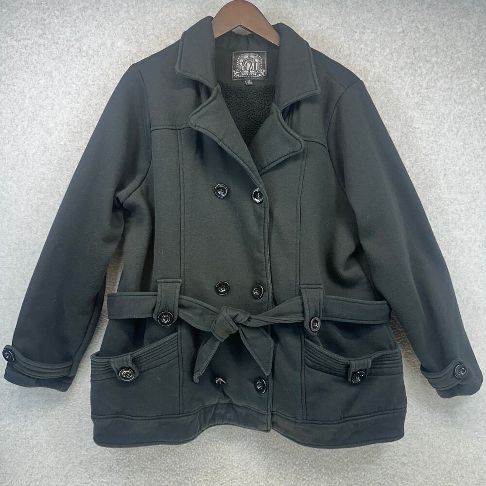 YMI Pea Coat Womens Size 2X Black Cotton Blend Pockets Double Breasted Belted